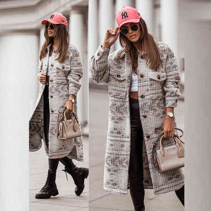 Women Elegant Pattern Print Long Overcoat Winter Casual Single Breasted Long Sleeve Cardigan Jacket Autumn Blend Wool Outerwear 211130