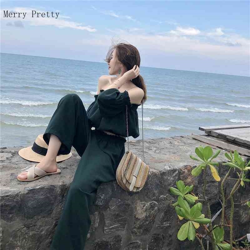 Women's Sets Two Piece Sets Clothe Sexy Slash Neck Crop Top With Loose Pants Suits Summer Woman 2 Pcs Set Feminino 210707