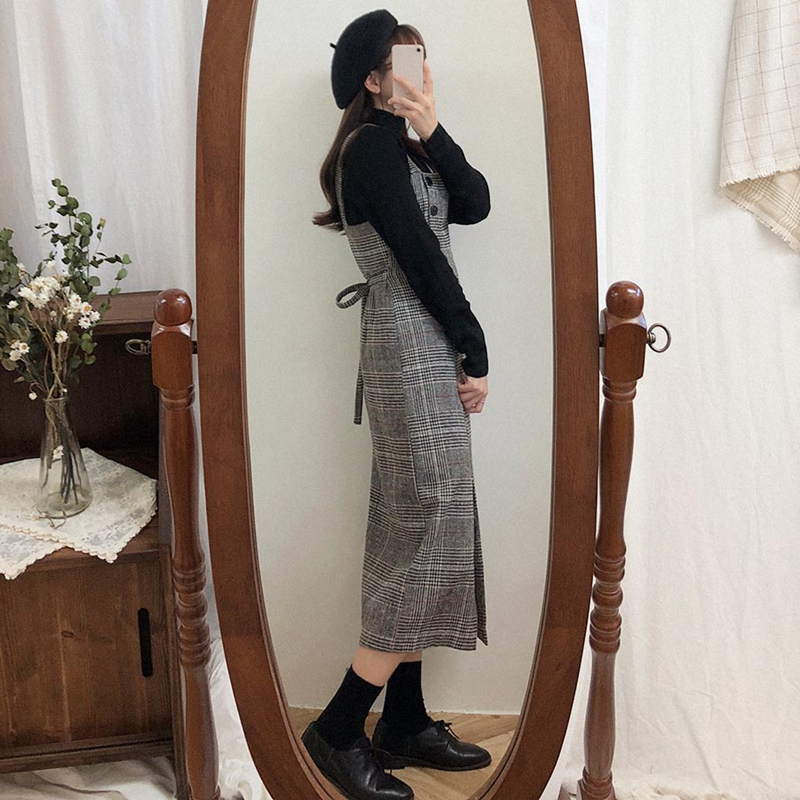 2021 New Spring Autumn Women Dress High Waist Plaid Vest Woolen Sleeveless Vintage Buttons Lace Up Bow Slit Casual Dress DR220 210303