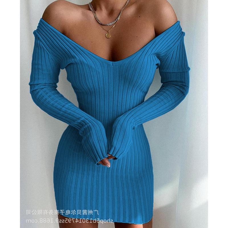 Casual Dresses Mandylandy Sky Blue Sweater Dress Sexy Long Sleeve V-neck Pit Knit Tight Mini Sheath Slim Fits Knitted