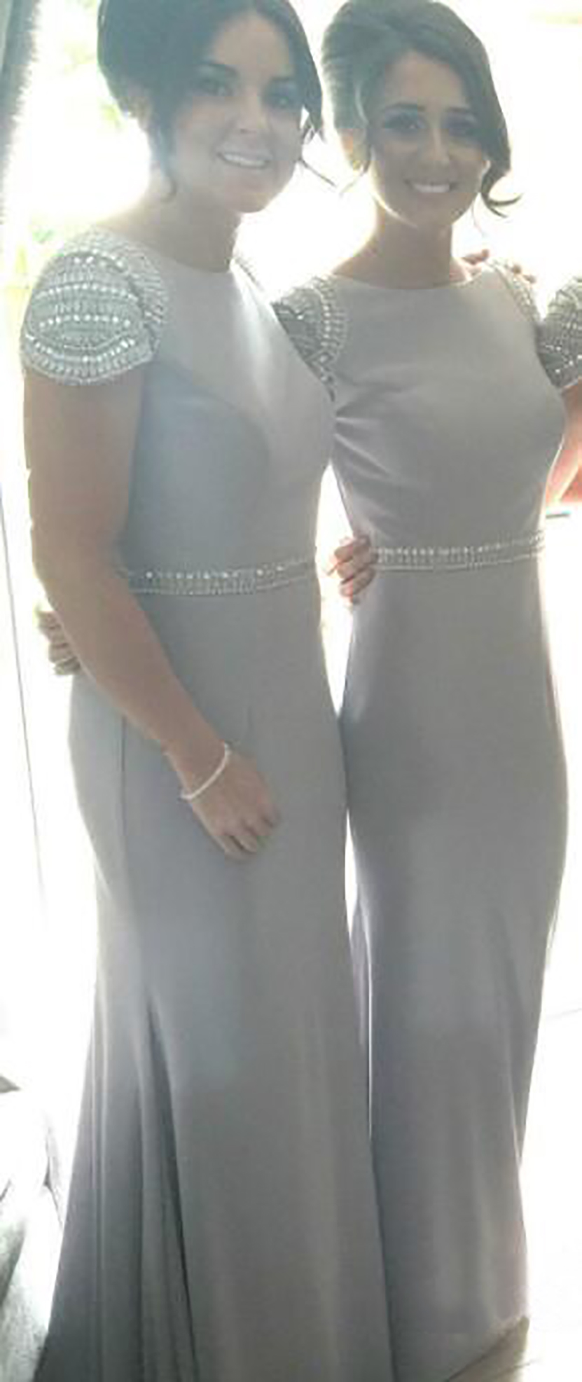 Long Gray Bridesmaid Dresses Cap Sleeve Beadings Waist Floor Length Sheath Girls Party Gowns Wedding Guest Dress Custom Size