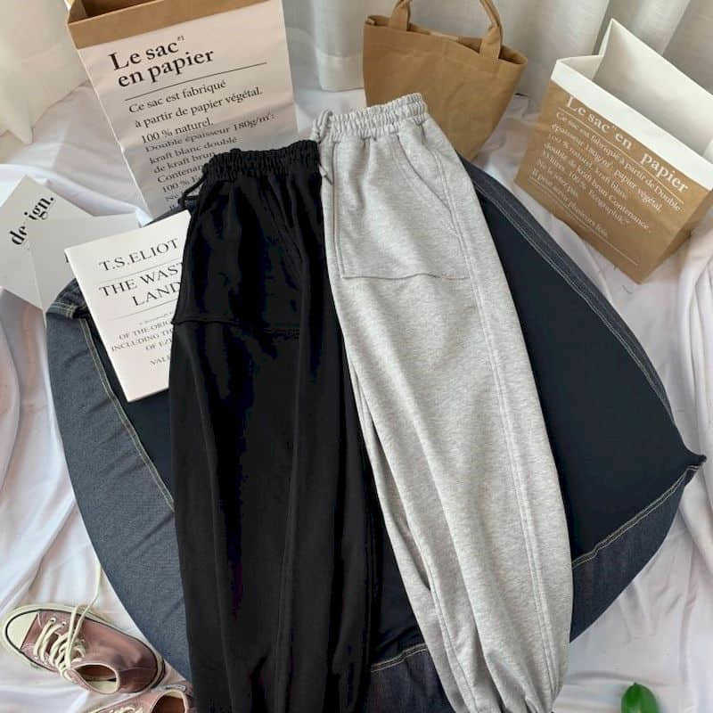 Men women trousers casual pants large loose-fitting feet, solid color sports fat sister drawstring nine-point 100KG 210526