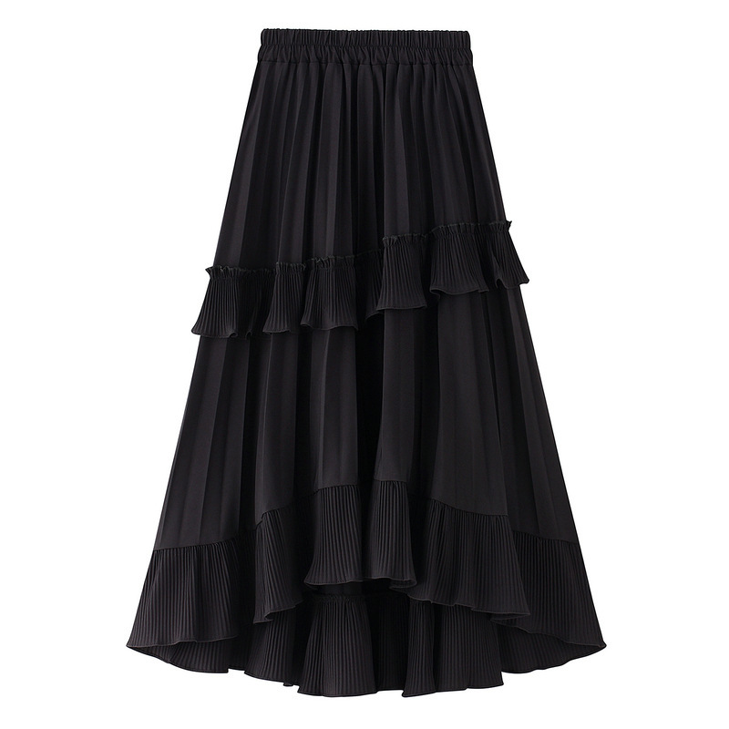 Beige White Fashion Korean Ruffle Midi Long A-line Skirt Women Casual Spring Summer High Waist Irregular All-match Skirts Female 210309