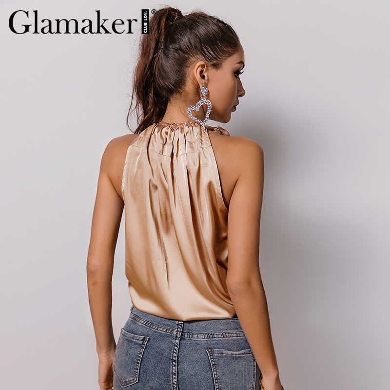 Glamaker Satin Ruffles casual loose sleeveless sexy top Women elegant office ladies all-match pleated summer top 210625