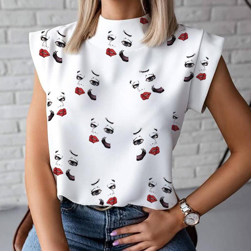 Women Elegant Lips Print blouse shirts 2021 Summer Casual Stand Neck Pullovers tops Ladies Fashion cute Eye Short Sleeve Blusa