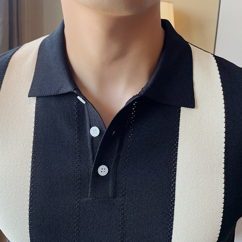 Summer Men's Short-sleeved Knitted Casual POLO Shirts Contrast Color British Slim Lapel Ice Silk POLO Shirt Men Clothes 210308
