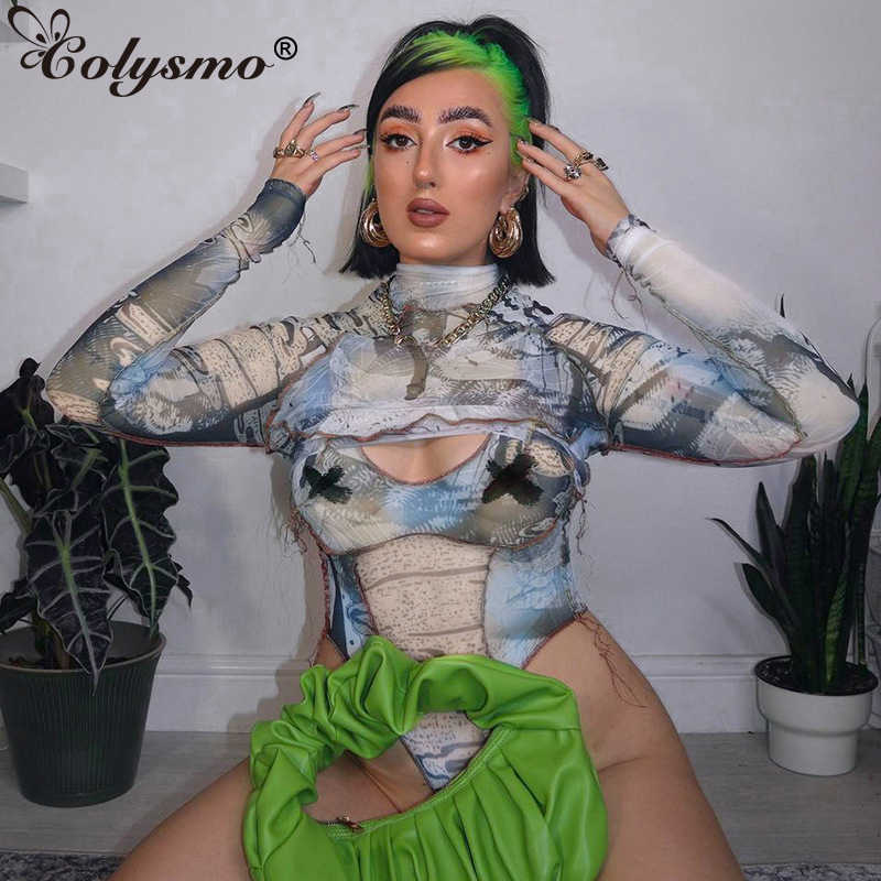 Colysmo Print 2 Piece Set Long Sleeve Turtleneck Crop Top Cut out Bodycon Bodysuit Matching Sets Women Summer Sexy Club Outfits 210527