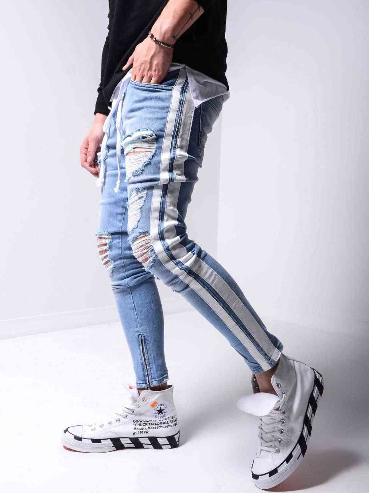 Skinny ripped jeans men Pants Pencil Biker Side Striped Jeans Destroyed Hole Hip Hop Slim Fit Man Stretchy Jean Print 211120