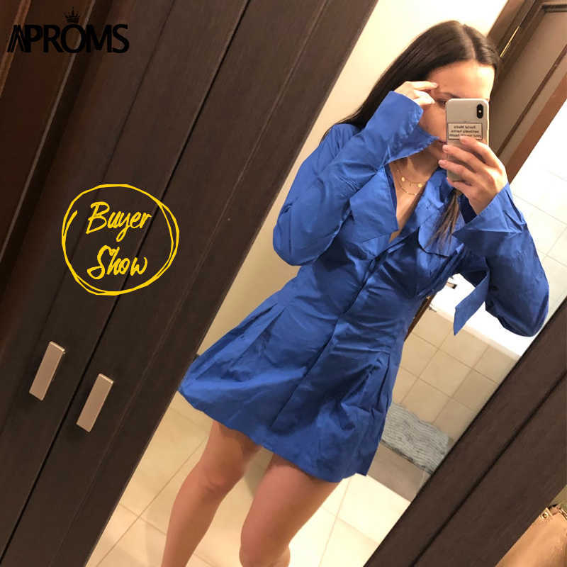 Aproms Elegant Blue Cotton Shirt Dress Women Spring High Fashion Solid Color Flared Sleeve Bodycon Mini Dresses OL Vestidos 210630