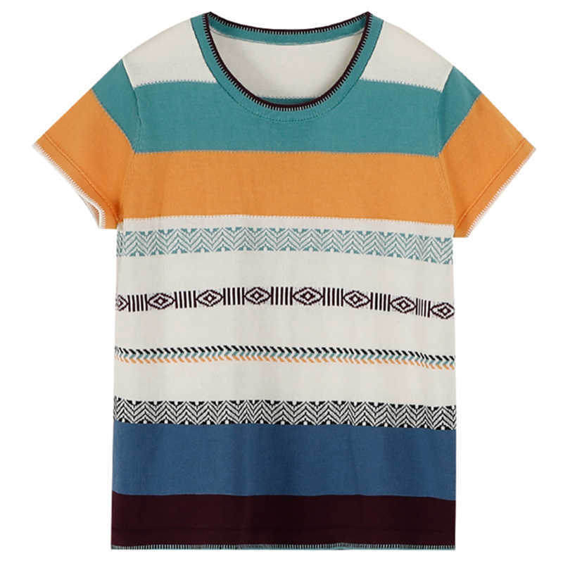 Short Sleeve Women Pullover Ladies Summer The Ice Silk O-Neck Striped Knitted Tshirts Feminine Sexy Fashion Sweaters 210918