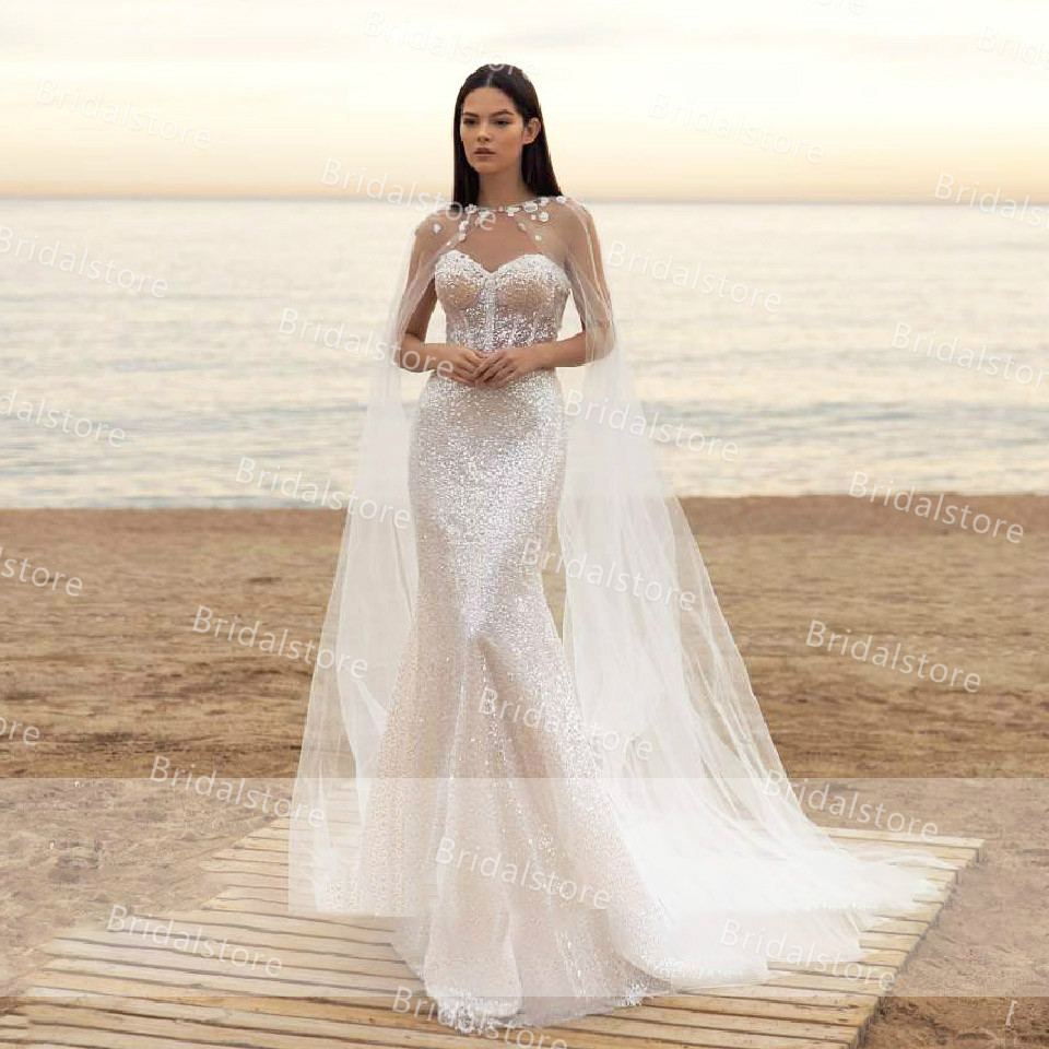 Glitter Sequin Mermaid Wedding Dress 2021 With Caped Wraps Sweetheart 3D Flowers Wedding Gowns Sexy Sparkly Boho Beach Wedding Dress Bridal