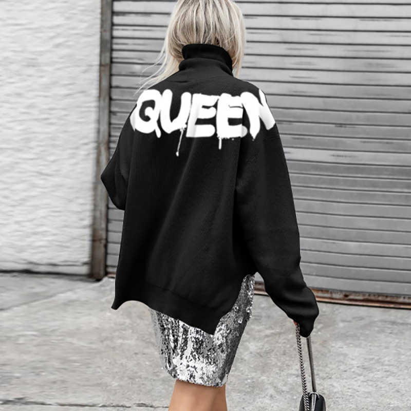 Women Casual Turtleneck Queen Printed Sweatshirt Autumn Long Sleeve Oversize Pullover Tops Streetwear Fashion Side Split Hoodies 210927