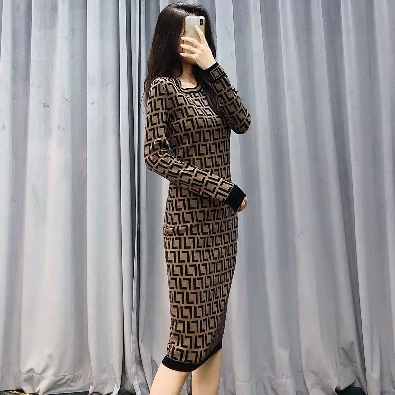 Designer Casual Dresses Classic Knits O Neck Fashion Print Milan Runway Slim Knitting Dress Femme Women Trendy Skirts Size S-2XL