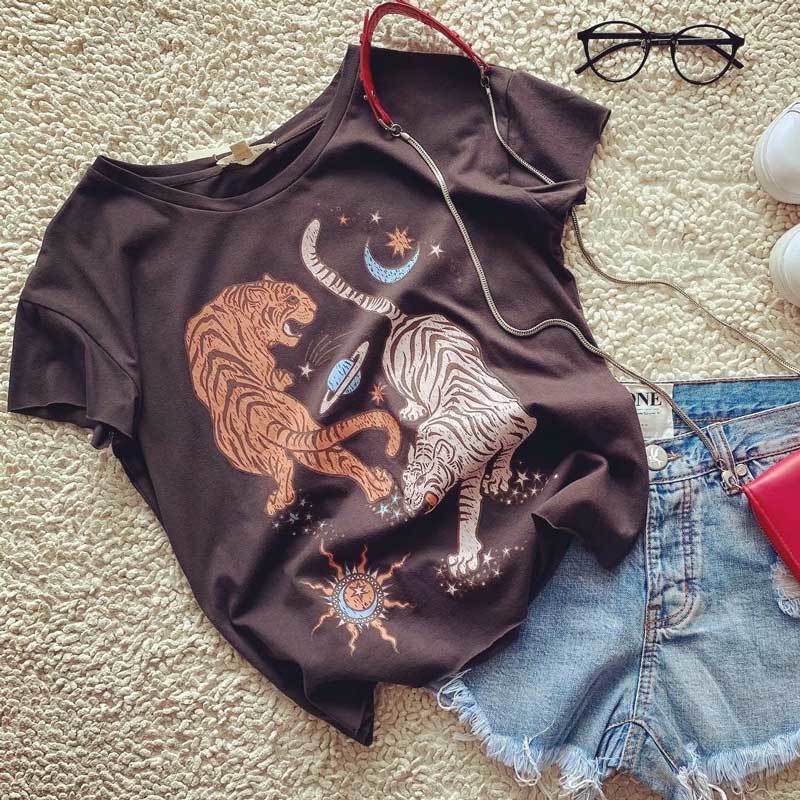 Boho inspired Retro Tshirt Women tigers print graphic tees women Summer T Shirt Women Fashion Womens boho grahpic T-Shirt 210306