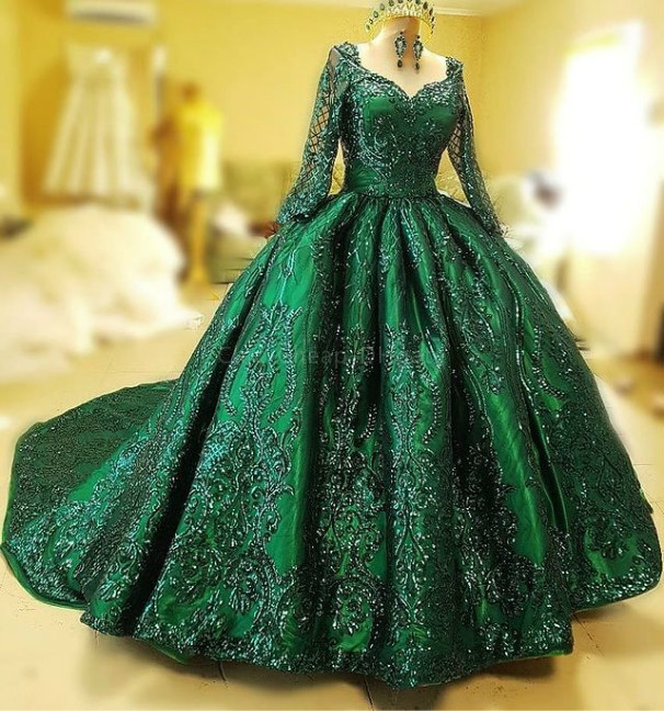 2021 Plus Size Arabic Aso Ebi Luxurious Lace Hunter Green Wedding Gowns Long Sleeves Ball Gown Vintage Sparkly Bridal Dresses ZJ154