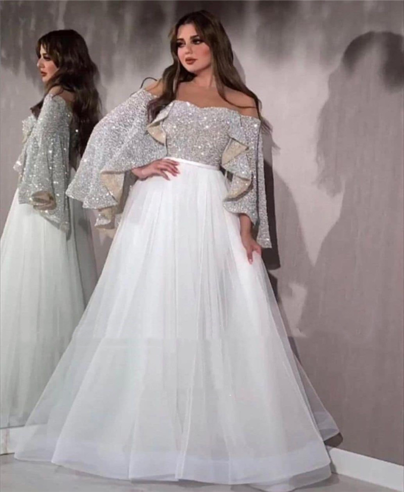 Elegant Arabric Royal Formal Evening Dresses Cape Sleeve Glitter Sequined Floor Length Tulle A Line Women Prom Dress Plus Size Long Special Occasion G