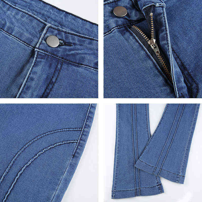 Streetwear Striped Blue Chic Flare Jeans For Girls Female Fashion Vintage Denim Pants Women High Waisted Trouser Capris 211112