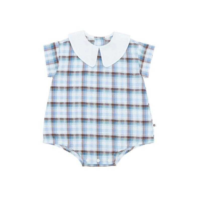 Baby Boy Boutique Clothing Infant Plaid Romper born Cotton Peter Pan Collar Jumpsuit Spain Birthday Baptism Bodysuits 210615