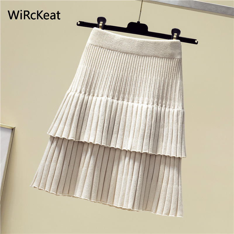WiRcKeat Warm Knitted Mini Skirt Female Autumn Winter Ruffler Womens Skirt Solid Short High Waist Skirt Women Casual 210306