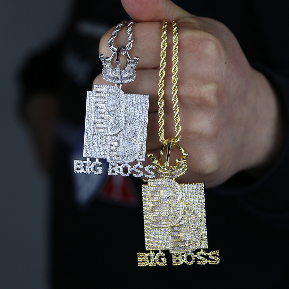 Big Boss Letters Crown Shaped Initial Necklace Pendant with Rope Chain Iced Out Bling 5A Cubic Zircon Hip Hop Men Boy Jewelry