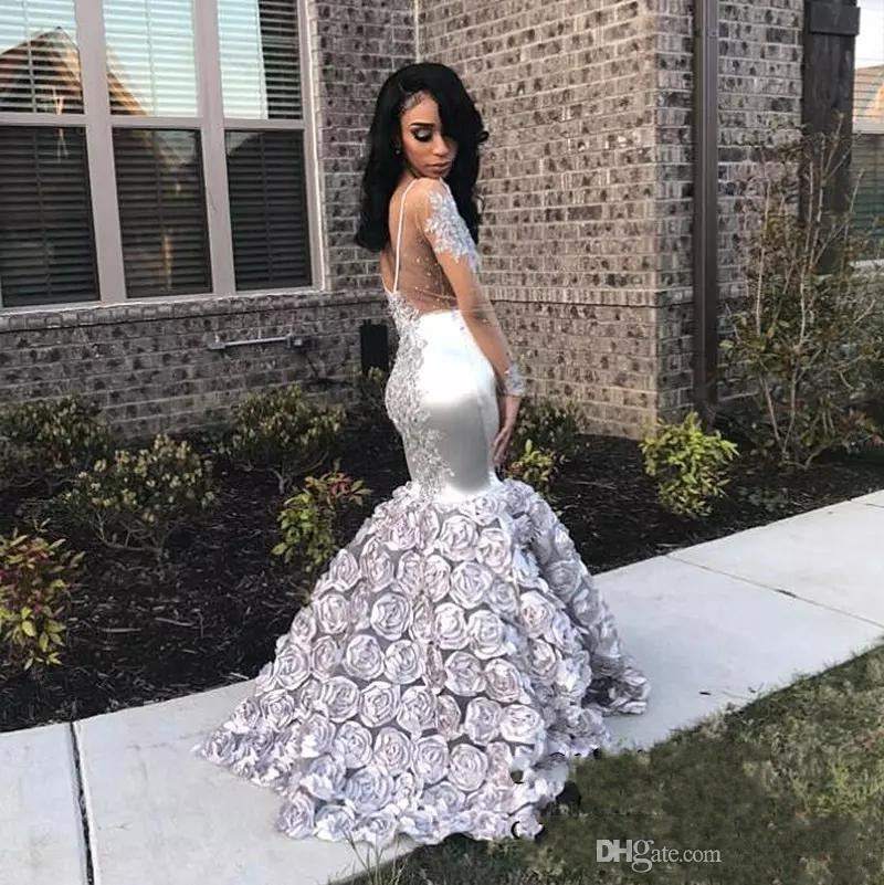 Gorgeous Rose Flowers Mermaid Prom Dresses Sliver Appliques Beads Sheer Long Sleeve Evening Gown Silver Stretchy Satin robes de soirée