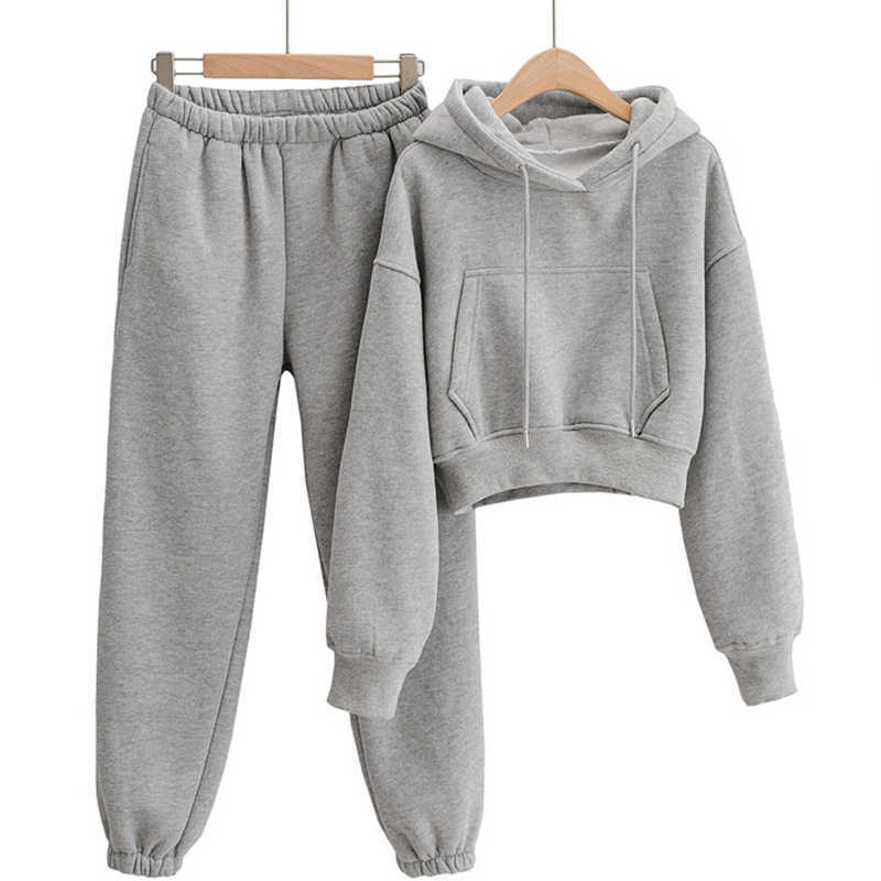 Women's Tracksuit Crop Top Hoodies Two Pieces Set High Waist Pullover Hooded Joggers Suit Female Autumn Lady Sportwear Sets 210925wtt