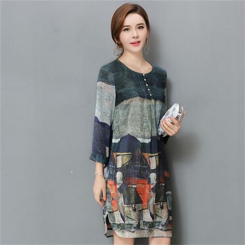 Summer O-Neck Printed Silk Chiffon A Line Office Ladies Knee Length Dress Women Clothes Vestidos Robes Femme DF716 201008