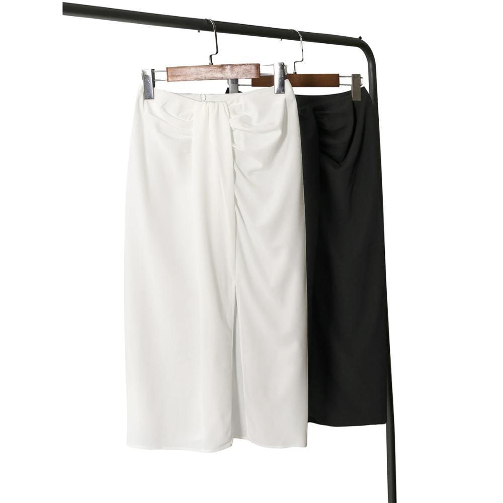 Klacwaya Women Chic Fashion With Knot Wrap Midi Skirt Vintage High Waist Front Slit Female Skirts Faldas Mujer high street 210311