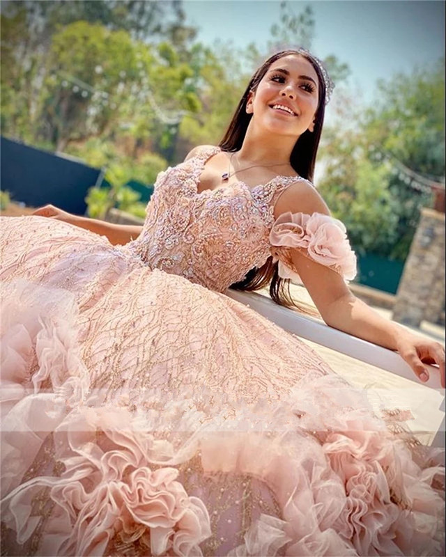 Luxurious Pink Spaghetti Ball Gown Quinceanera Dresses Off Shoulder Ruffles Train Plus Size Sweet 15 16 Dress Princess Formal Graduation Gowns