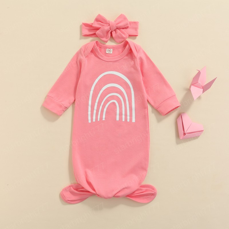 4 Colors Newborn Baby Girls Boys Sleeping Bags Turban 2pcs Outfits 0-6M Rainbow Printed Long Sleeve Blanket Sleeping Bag
