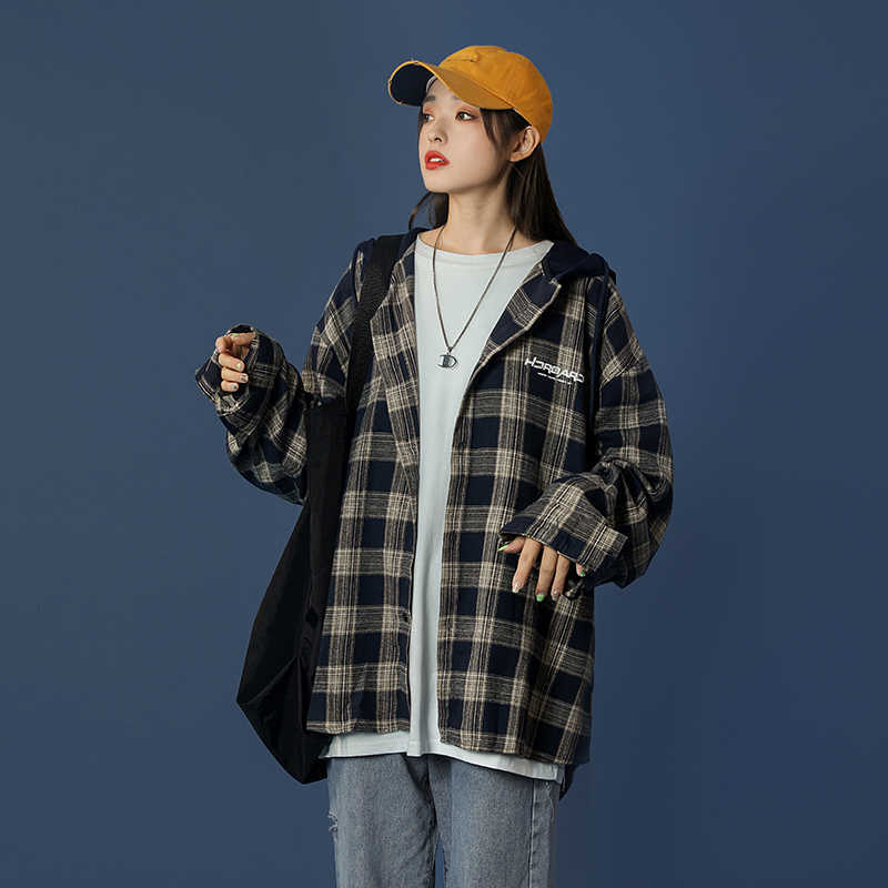 LIFENWENNA Hip Hop Plaid Long Sleeve Shirts Streetwear Mens Casual Hooded Tops Shirts Loose Shirt Streetwear For Men M-5XL 210528