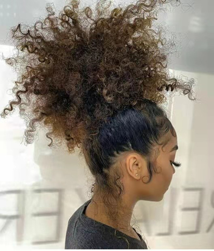 Medium brown kinky curly drawstring ponytail hair piece 100% human hair ponytail clip in afro puff chignon updo