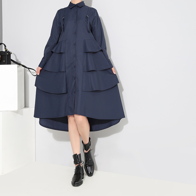 Elegant Style Woman Navy Blue Casual Shirt Dress Long Sleeve Cascading Ruffle Office Ladies Party Midi Dress Robe Femme 3807 210303