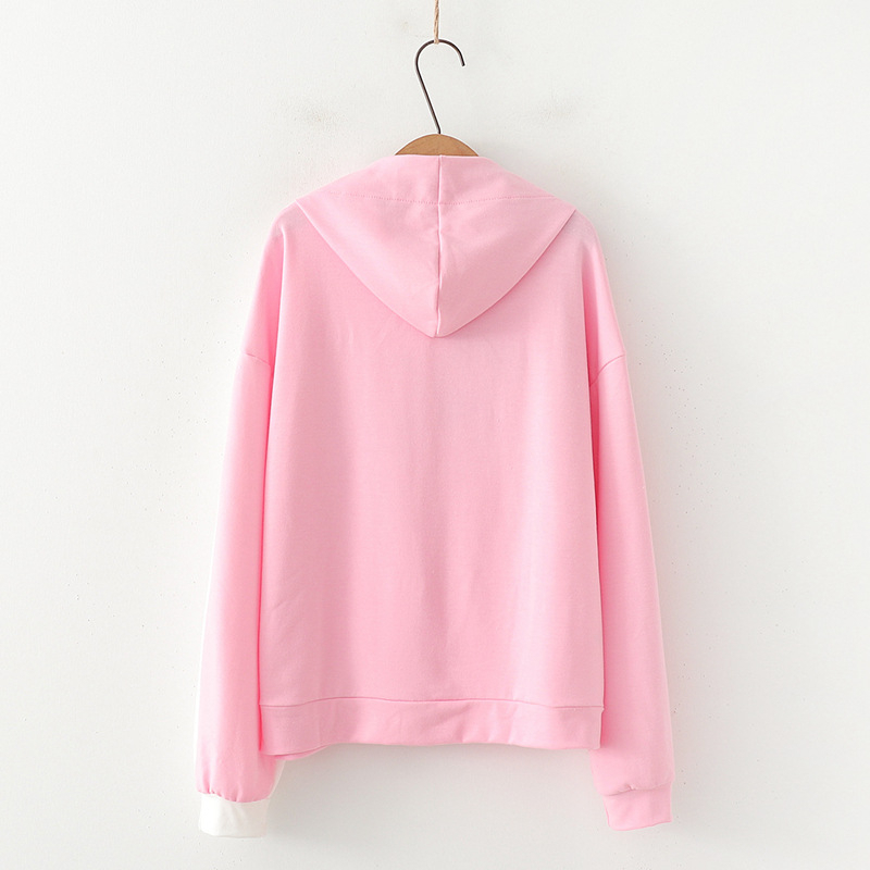 Merry Pretty Women Cartoon Print Pink Hooded Sweatshirts Winter Long Sleeve Tie Collar Hoodies Femme Harajuku Pullovers 201102