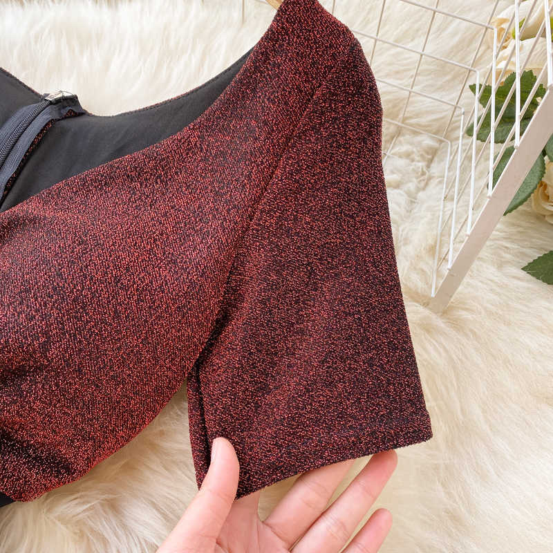 DEAT Summer Arrivals Solid Color Short Sleeve V-neck Bra Waist Slim Patchwork Temperament Sexy Dress MZ688 210709