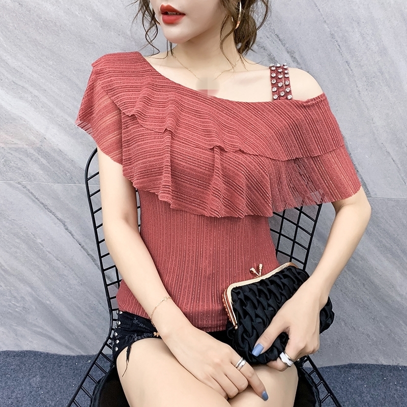 Summer European Clothes T-shirt Sexy Shiny Skew Collar Rivet Women Tops Ropa Mujer Fashion Short Sleeve Stretchy Tees New T06218 210302