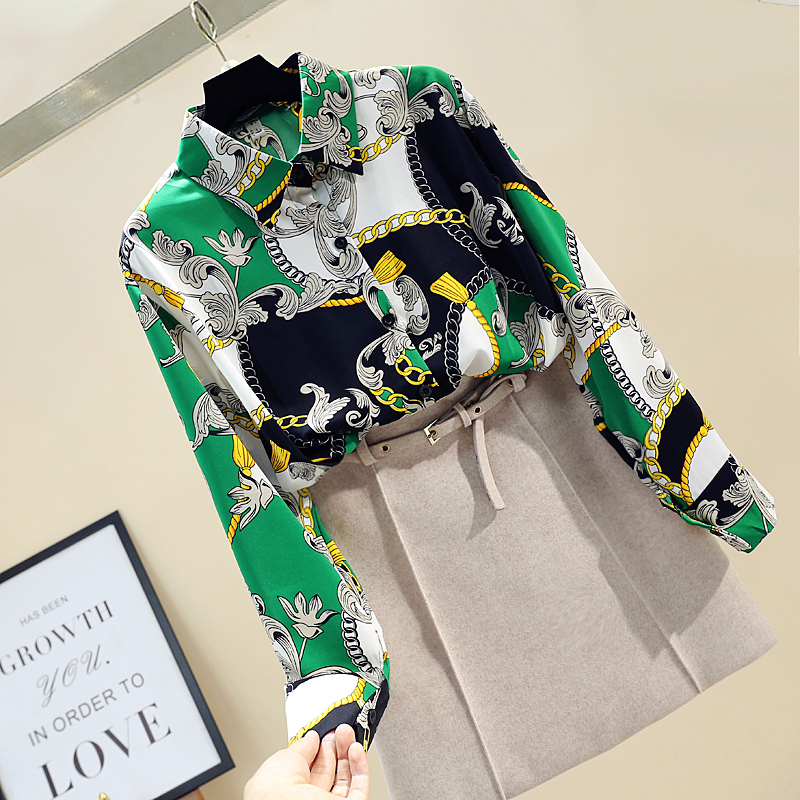 Spring Autumn Women's Print Blouse Fashion Loose Large Size Retro Chain Print Blouse Long Sleeve Chiffon shirt Women's GD232 210225