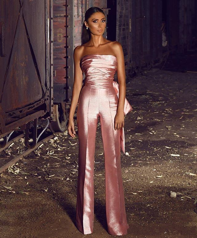 Cheap Simple New Fashion Pink Jumpsuit Strapless Women Pants Suits Satin Ruffles Big Bow Evening Dresses Prom Dress Formal Pantsuits