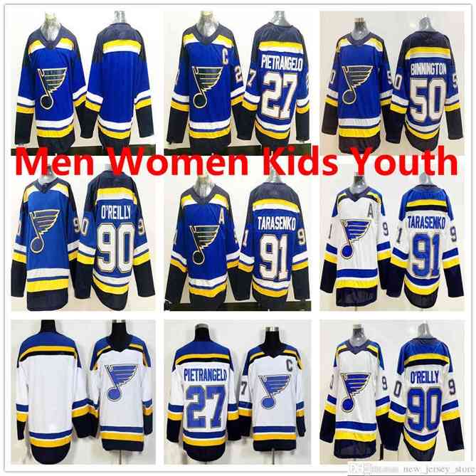 96 Men Women Kids Youth St. Louis Blues Hockey 27 Alex Pietrangelo 50 Binnington 91 Vladimir 90 Ryan O'Reilly Blue White Stitched Jerseys
