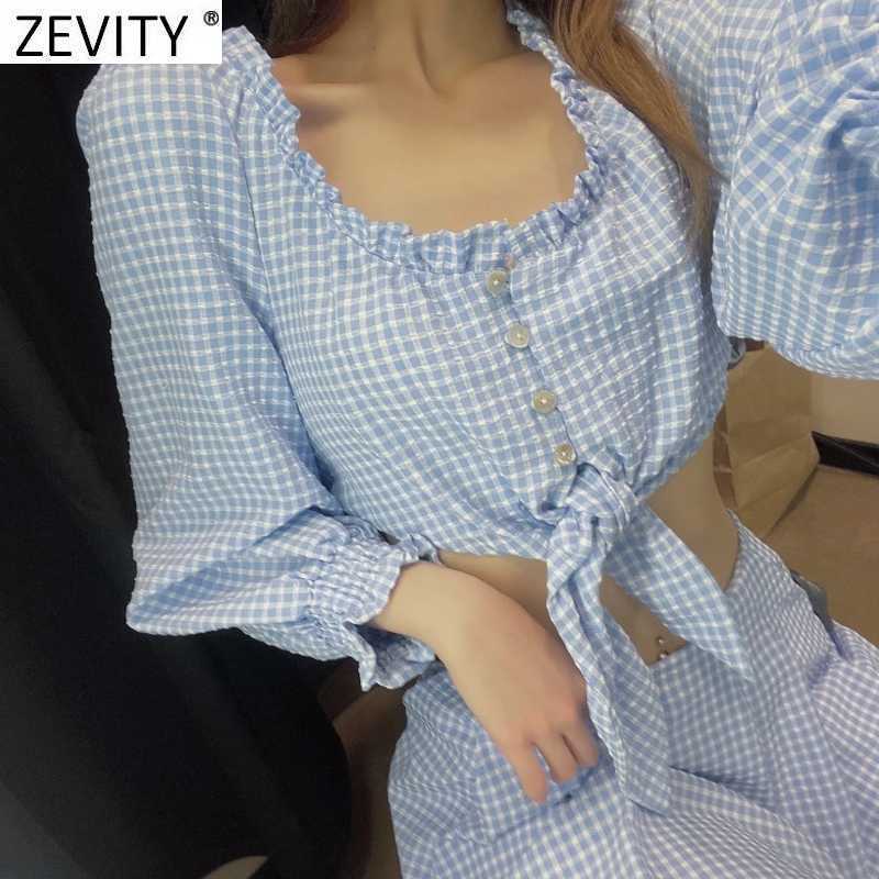 Zevity Women Sweet Agaric Lace Plaid Print Hem Knotted Short Shirt Female Lantern Sleeve Blouse Roupas Chic Crop Tops LS9345 210603