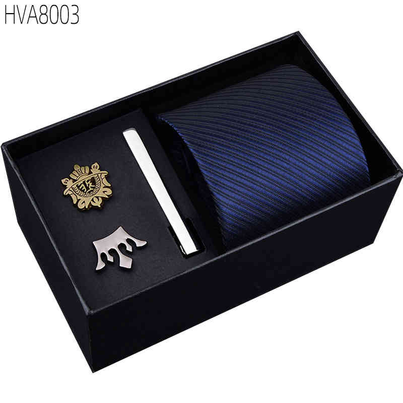 Necktie Scarf Corbata Gift Box for Men 8cm Formal Business Tie Brooch Clip Five Piece Suit Professional Blue and White Stripe