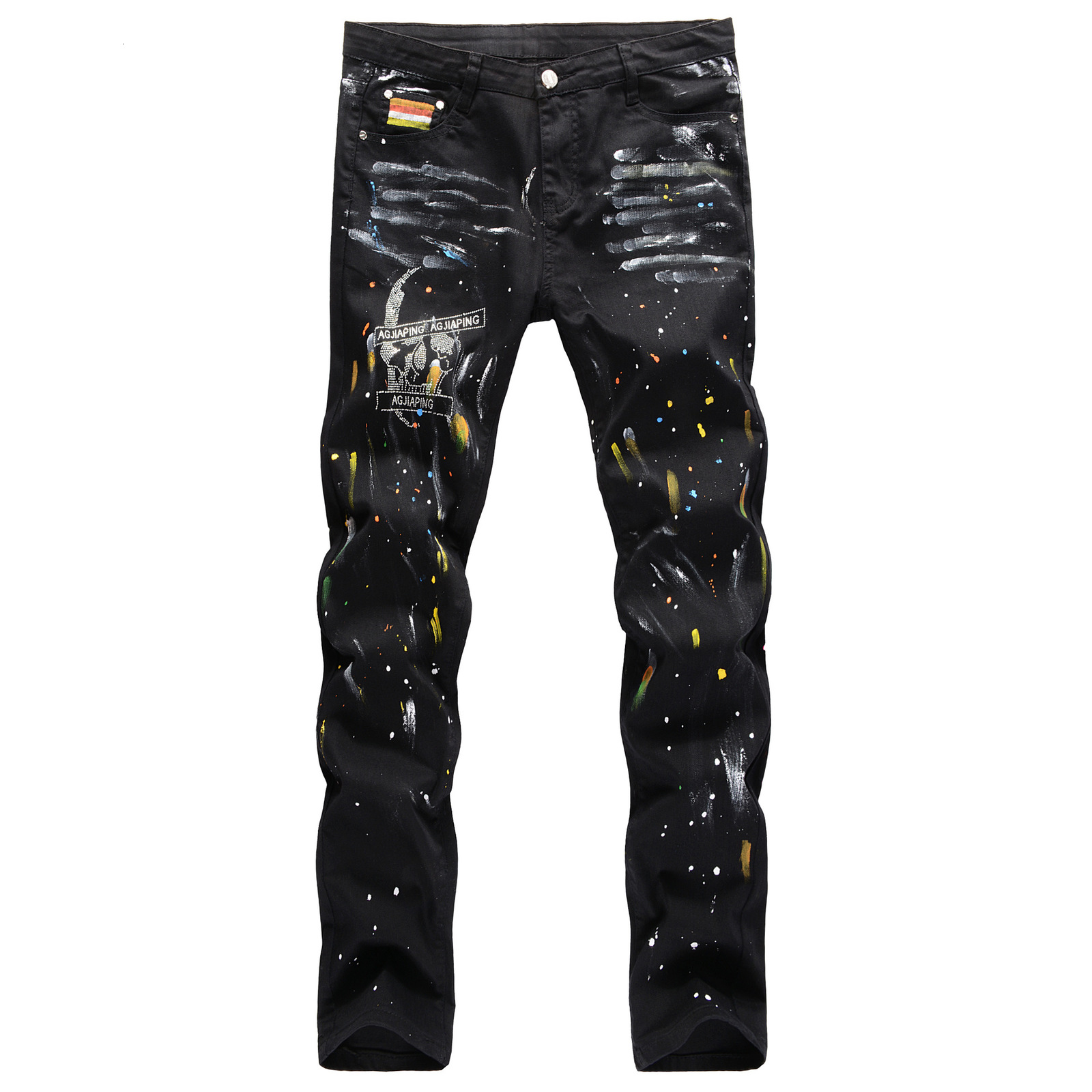 

2021 New Trousers European American Street Hip-hop Style Hand-painted Cat Whiskers Splash Ink Color Paint Skull Straight Jeans Pants Byir, Beige