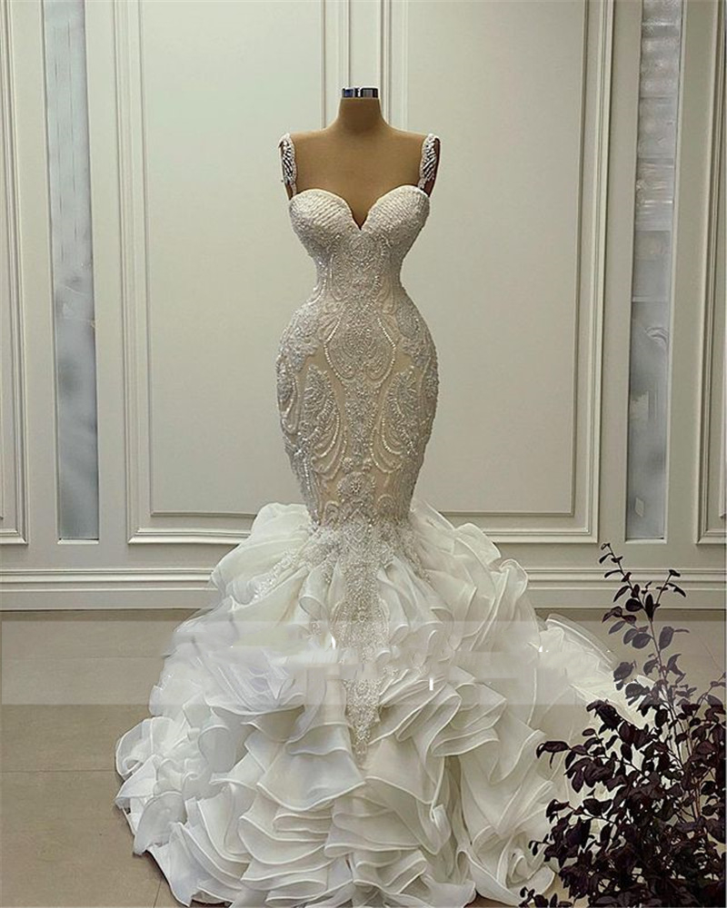 Luxury Crystals Beaded Mermaid Wedding Dresses Tiered Ruffles Skirt Cathedral Length Long Train Trumpet Lace Wedding Gowns Straps Sweetheart Bridal Dr