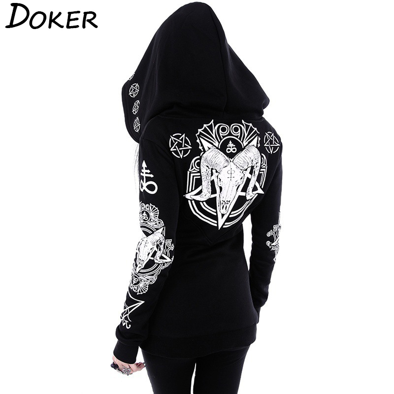 5XL Gothic Punk Print Hoodies Sweatshirts Women Long Sleeve Black Jacket Zipper Coat Autumn Winter Female Casual Hooded Tops 200924