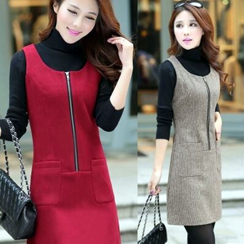 Women dress High quality fashion large multipocket autumn winter dresses primer slim sleeveless wool vest dresses for women 201008