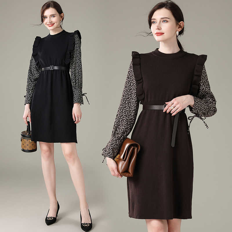 Autumn Women Ruffles Knitted Patchwork Corduroy Long Sleeve Dress Elegant Slim Ladies Party Dresses Vestidos With Belt 210525