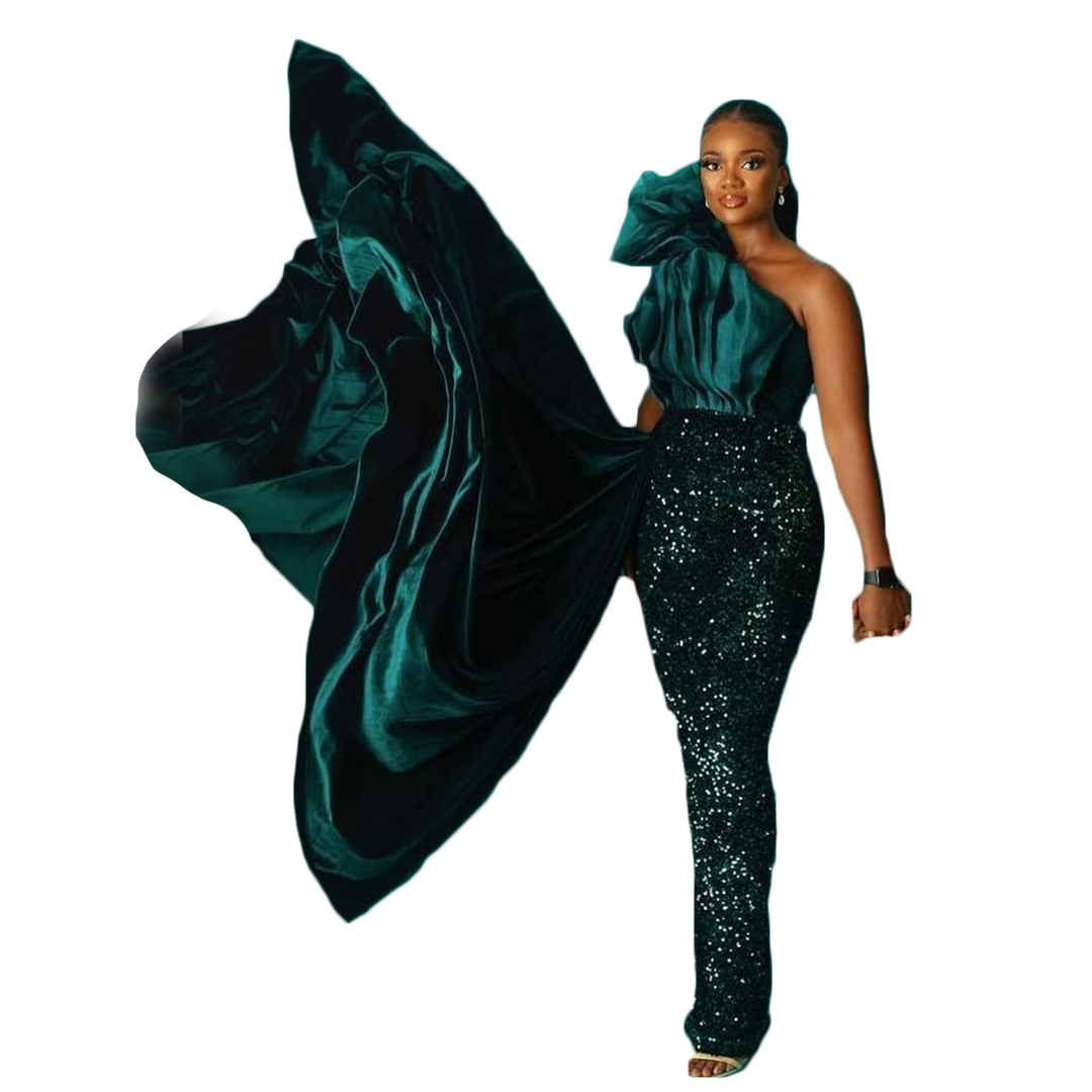 One Shoulder Green Evening Dresses Sequins Pleat Overskirt Prom Gowns Ruffles Mermaid Formal Party Dress