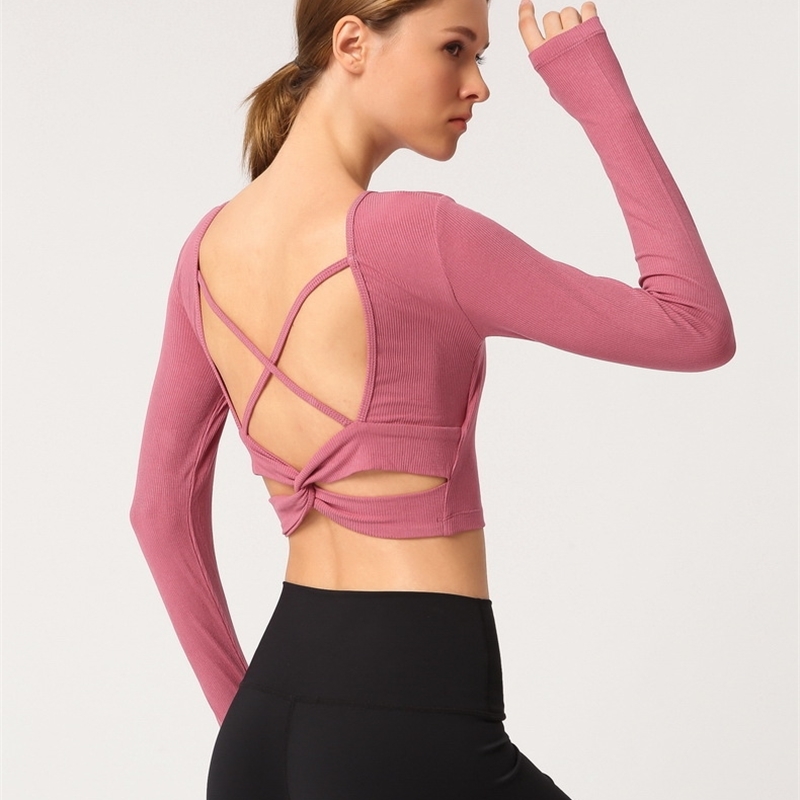 XHERR Women Back Straps Gym Yoga Crop Tops Yoga Shirts Long Sleeve TShirts Rip Stretch Fabric Workout Tops Fitness Yoga Tee T200401