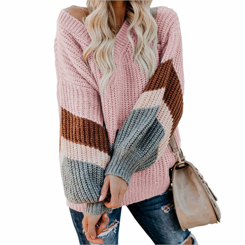 V Neck Striped Patchwork Sleeve Knit Sweater Women Loose Pullover Fall Sweaters and Pullovers Fashion 210914