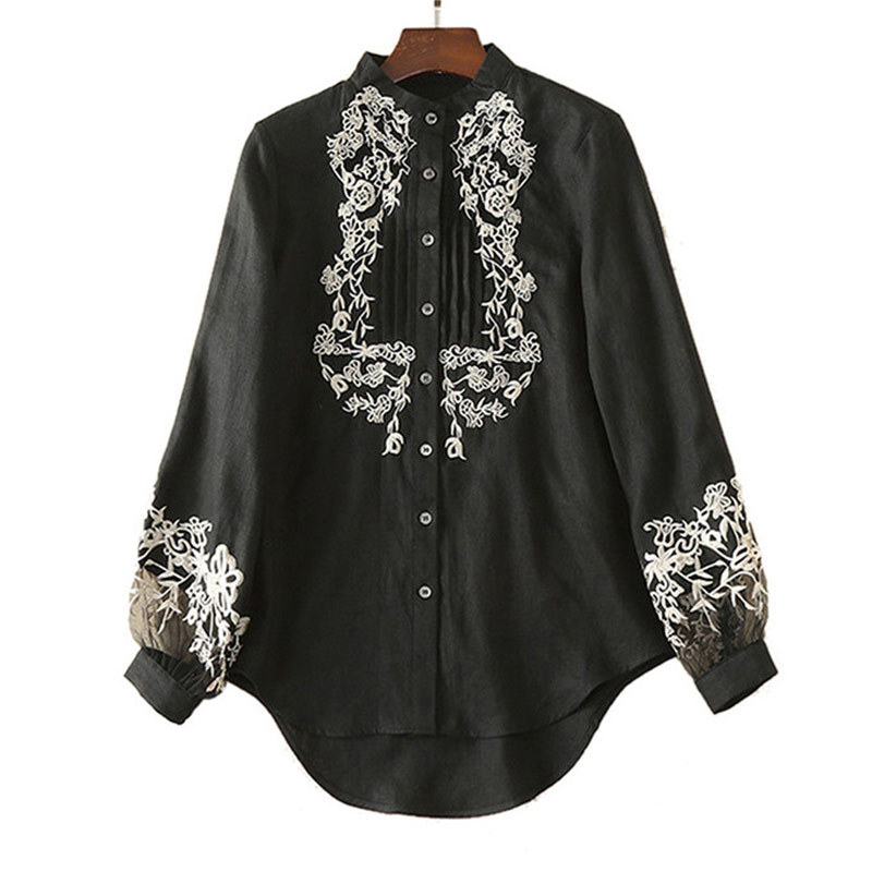 Willstage New Spring Blouse Women Floral Embroidery Long Sleeve Shirts Mesh Hollow out Office ladies OL Work Wear Black Top 210225